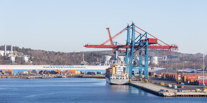 Gothenburg / Sweden, Mar 21, 2025: Container terminal operations at Skandiahamnen, Port of Gothenburg.