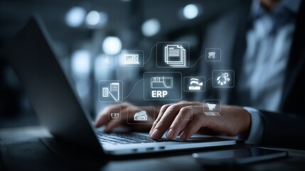 A businessman uses a stylus on a laptop to interact with a virtual interface featuring icons for security, connectivity, and global access, symbolizing