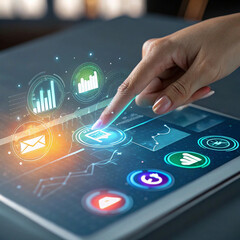Close-up of human hand touching a transparent digital interface with glowing data icons, futuristic technology concept