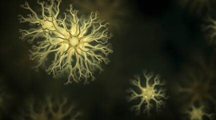 Fototapeta premium Abstract close-up of a complex, branching microscopic organism or biological cell structure with a dark background