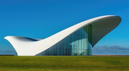 Modern architectural building with flowing curves, set against a vibrant blue sky.  A striking white structure with smooth, sculpted forms, large glass windows, and a grassy foreground