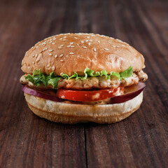 hamburger on wooden background