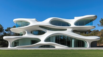 Organic, sculptural house with flowing, white facade