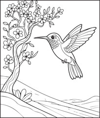 Obraz premium Beautiful hummingbird with flower outline drawing artwork for kids coloring pages