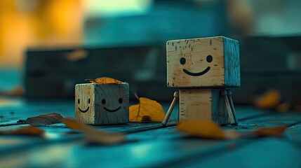 Fototapeta premium Two wooden block figures with happy faces on a teal surface.