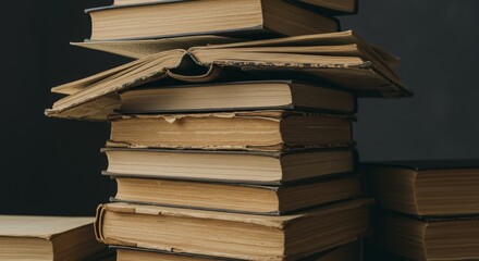 Obraz premium Vintage Books Stacked High - A collection of aged books, symbolizing knowledge, history, wisdom, stories, and time. These vintage tomes evoke a sense of nostalgia and intellectual pursuit