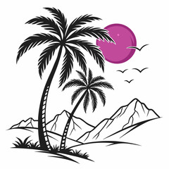 Tropical island beach with palm trees and sunset by the sea