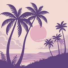 Tropical island beach with palm trees and sunset by the sea