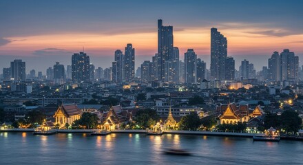 Fototapeta premium Bangkok Skyline at Sunset - Stunning cityscape view of Bangkok at sunset, showcasing modern skyscrapers and traditional temples along the river