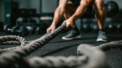 Intense Workout Session with Battle Ropes and Focused Athlete