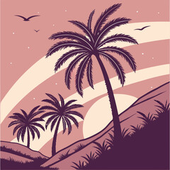 Tropical island beach with palm trees and sunset by the sea