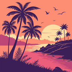 Tropical island beach with palm trees and sunset by the sea