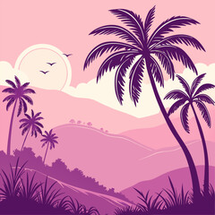 Naklejka premium Tropical island beach with palm trees and sunset by the sea