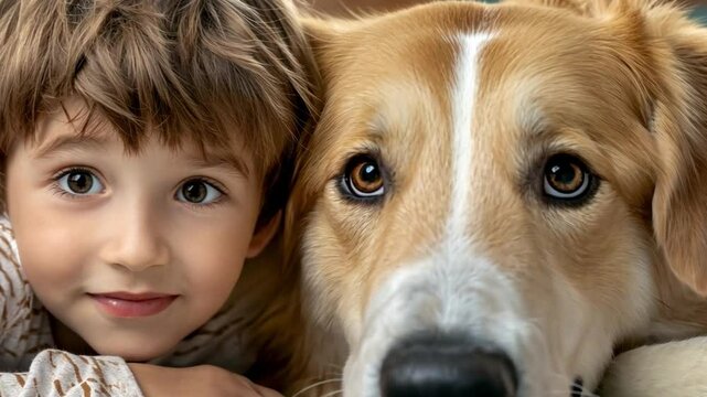 A little boy with his canine friend, embracing their bond. The pair share a warm, connected gaze, embodying companionship
