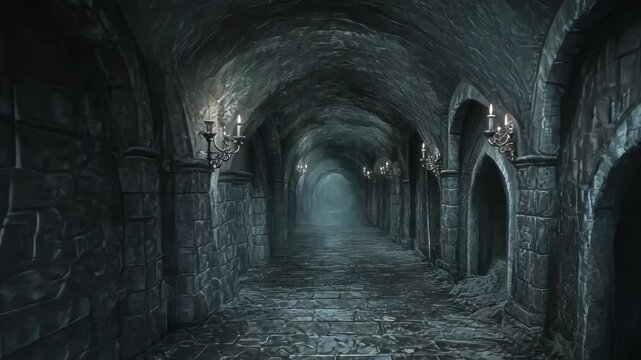 Dark, ancient stone tunnels with arched doorways and flickering candlelight
