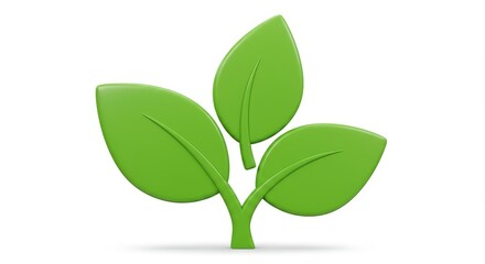 Fototapeta premium Green Leaf Sprout Icon - Simple 3D of three green leaves sprouting from a stem, ideal for eco-friendly branding
