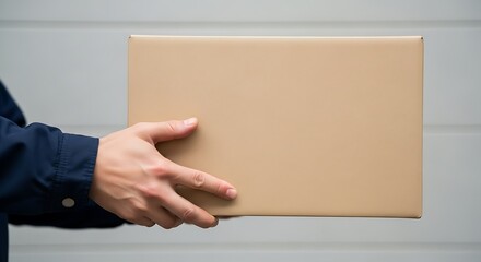 Delivery box in hand offering package: brown cardboard box delivery service