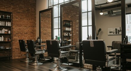 Modern Barbershop Interior Design - Stylish barbershop interior with brick walls, large windows, and modern barber chairs
