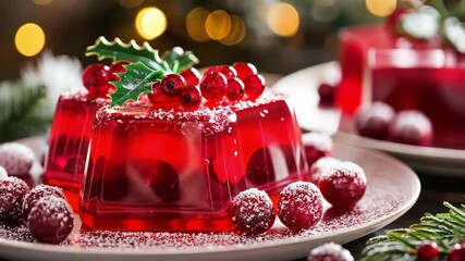 Festive red Christmas gelatin dessert with red currants and holly garnish, holiday treat.