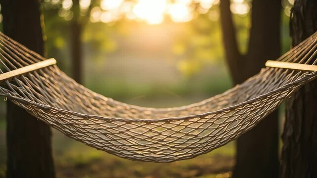 Close-up of hammock strung between trees, with blurred background of sunlit foliage