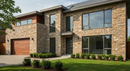 Modern Stone House Exterior - Stunning modern home with stone exterior, large windows, and a wood garage door.Landscaped lawn and shrubs complete the picture