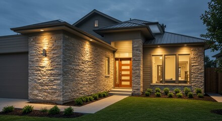 Modern Stone House Exterior at Dusk - Elegant modern home with stone facade, illuminated at night. Landscaped yard, metal roof