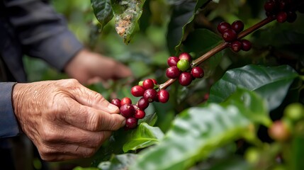 Hand Harvesting Ripe Coffee Cherries from Lush Green Plants