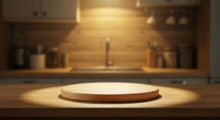 Empty round wood podium on kitchen counter for food product display