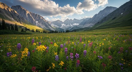 Mountain Meadow Wildflowers - Vibrant wildflowers bloom in a lush alpine meadow, with majestic mountains as a backdrop. A stunning natural landscape