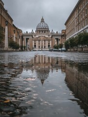 Fototapeta premium Vatican Dome Reflects on Rain-Soaked Pavement Under a Cloudy Sky in a Tranquil Setting