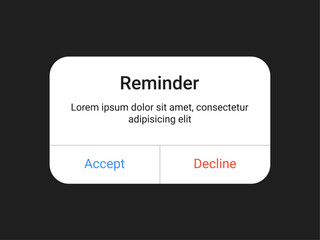 Reminder pop up UI design with accept and decline buttons on a dark background for a mobile app and web alert interface in a minimal modern style