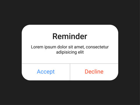 Reminder pop up UI design with accept and decline buttons on a dark background for a mobile app and web alert interface in a minimal modern style