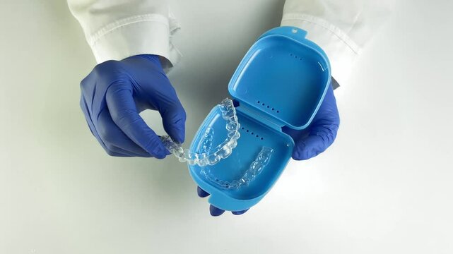 Dentist Holding Clear Aligner in Blue Case. 