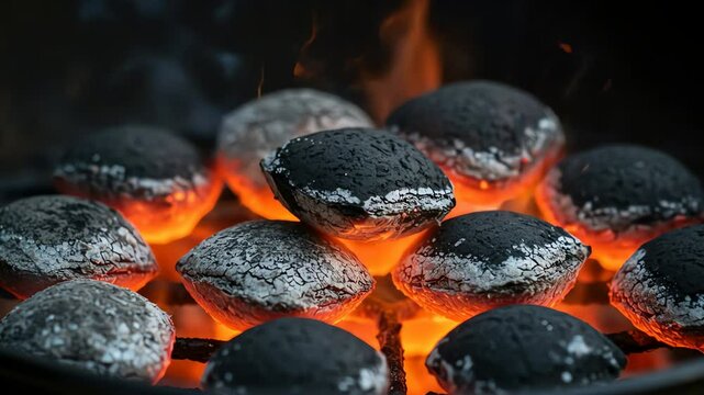 Close-up of lit coals, Coconut Shell Charcoal Briquettes
