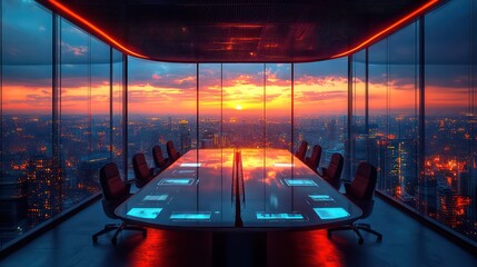 Futuristic meeting room with smart tables, digital displays, and flexible seating.