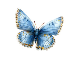 Obraz premium Whimsical watercolor isolated on white, gentle blue butterfly hovering over tiny chamomile and wild grasses Pastel Meadow Flight Botanical Butterfly Pairs