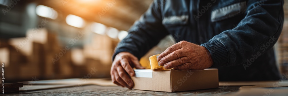 Poster worker applying label on building adhesive box in a well-lit warehouse during daytime