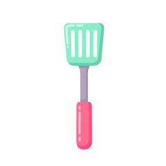 A green and pink slotted spatula for cooking in the kitchen