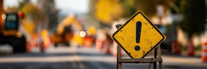 Road Under Repair Sign Indicating Construction Activity With Blurred Machinery in the Background on a Sunny Day
