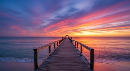 Fototapeta premium Serene Sunset Pier - Tranquil sunset over ocean with wooden pier extending to a gazebo. Peaceful, colorful sky