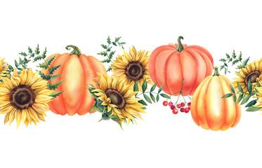 Watercolor pumpkins and sunflowers, seamless border for harvest festival greeting cards or Thanksgiving invitations. Hand-drawn botanical illustration of autumn plants on an isolated background.