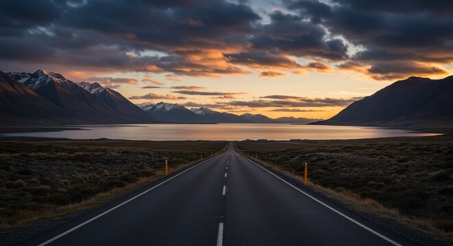 Road leads toward lake and mountain range at sunset. Nature and travel images - Powered by Adobe