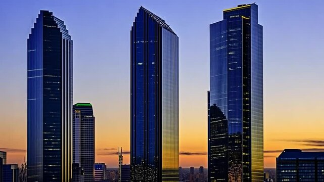 Stunning cityscape of modern skyscrapers reflecting the warm tones of sunrise. These impressive buildings stand tall against the sky
