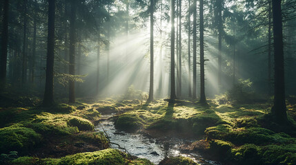 Fototapeta premium Sunbeams Through Misty Forest: Green Canopy and Stream