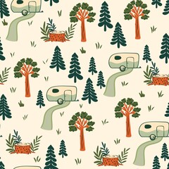 pattern design with caravan and trees