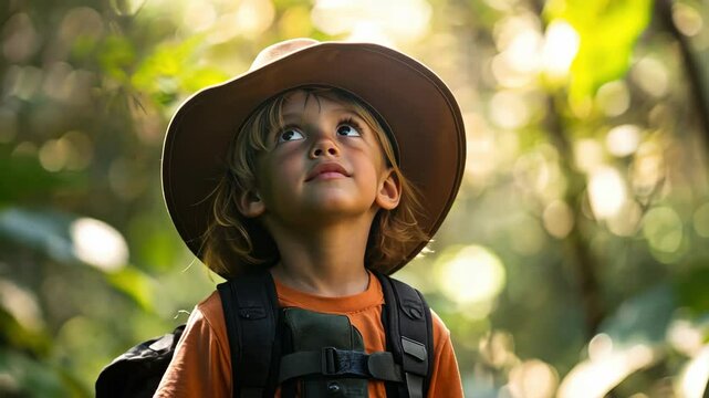 Boy wearing hat and backpack exploring forest. Adventure, looking up, nature.