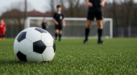 Obraz premium Kids play soccer training on sports field, youth football match for children