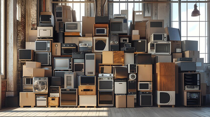 Vintage Appliances Stacked in Industrial Warehouse Setting