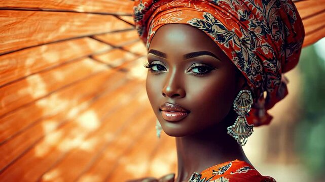 Elegant dark-skinned woman in orange headwrap with umbrella, wearing earrings. Portrait shot. Beauty, fashion, style, headwrap, model, umbrella, earrings, orange.