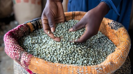 Freshly Harvested Green Coffee Beans in a Traditional Basket